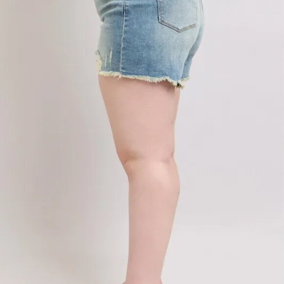 Judy Blue Plus Size High Rise Washed Fly Stitch Detail and Destroy Denim Shorts - Picture 4 of 9